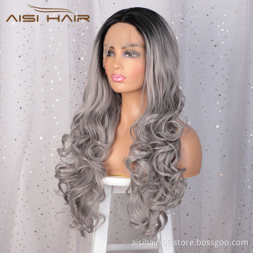 Aisi Hair Cosplay Synthetic Ombre Gray Dark Root Wig Long Wavy Swiss Lace Wig Body Wave Lace Frontal Hair Wigs For Black Women